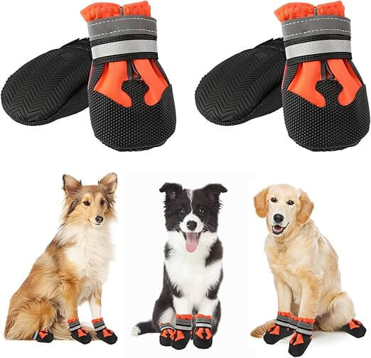 QKURT hundstövlar 4-pack – lätta, vattentäta och reflekterande vinterskor med justerbara remmar som skyddar tassarna mot kyla, snö och vägsalt.