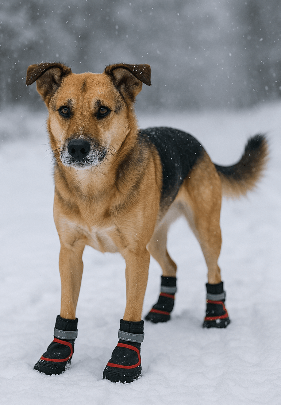 Hund med vinterskor promenerar i snö – vattentäta och halkfria tasskydd som skyddar mot kyla och vägsalt under vinterpromenad.