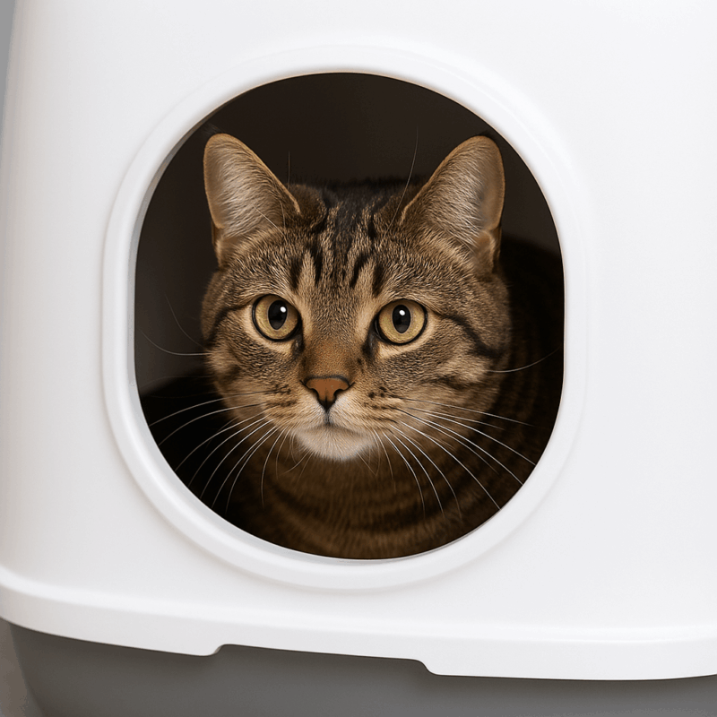 Katt som tittar ut ur en stängd kattlåda – artikelbild för bäst i test kattlådor med tak 2025.