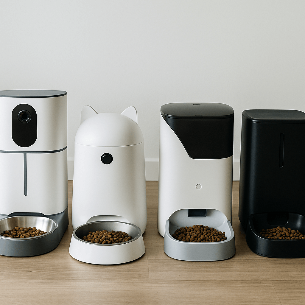 Fyra moderna foderautomater för katt i olika modeller på ett bord, symboliserar test av bästa foderautomat för katt 2025.