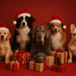 Flera hundar i olika raser och storlekar sitter bland färgglada julklappar på ett rött golv med julröd bakgrund. Några hundar bär tomteluva – en varm och lekfull julbild för hundälskare.