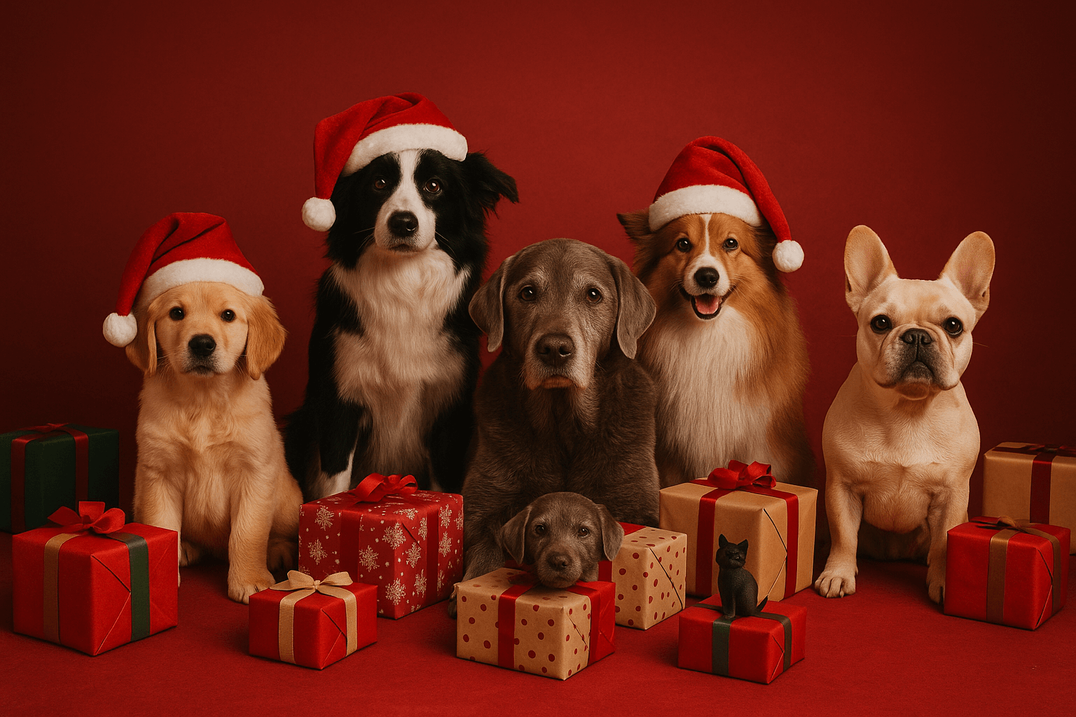 Flera hundar i olika raser och storlekar sitter bland färgglada julklappar på ett rött golv med julröd bakgrund. Några hundar bär tomteluva – en varm och lekfull julbild för hundälskare.