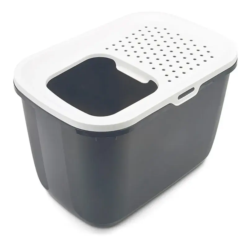 Hop In kattlåda med toppöppning i grå och vit – praktisk kattlåda som håller golvet rent.