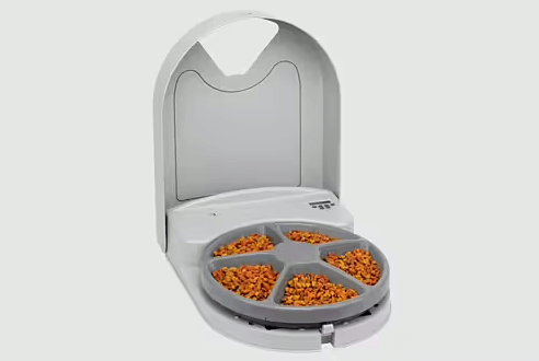 PetSafe foderautomat för katt – roterande bricka med fem fack för schemalagda måltider och portionskontroll.