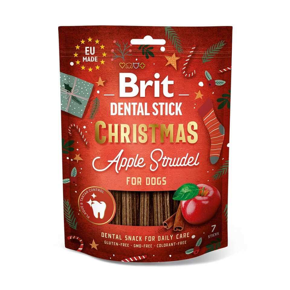 Brit Care dental sticks Apple Strudel – julgodis till hund som främjar tandhälsa och fräsch andedräkt.