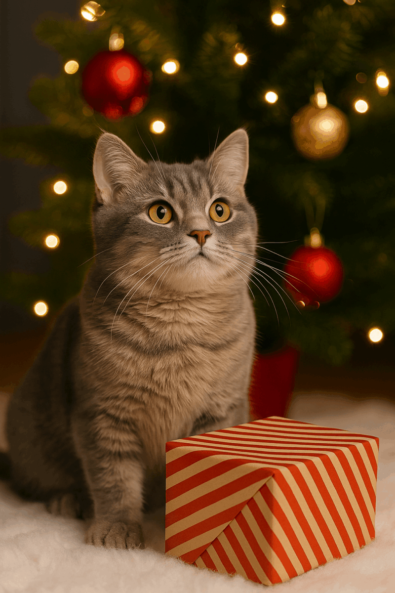 Katt vid julgran bland paket och ljus, skapar mysig julstämning