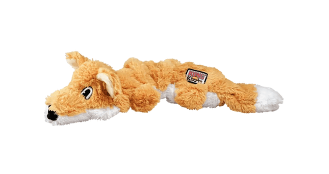 KONG Scrunch Knots Fox – slitstark rävleksak i plysch med rep inuti, perfekt för drag och tugg under julen.