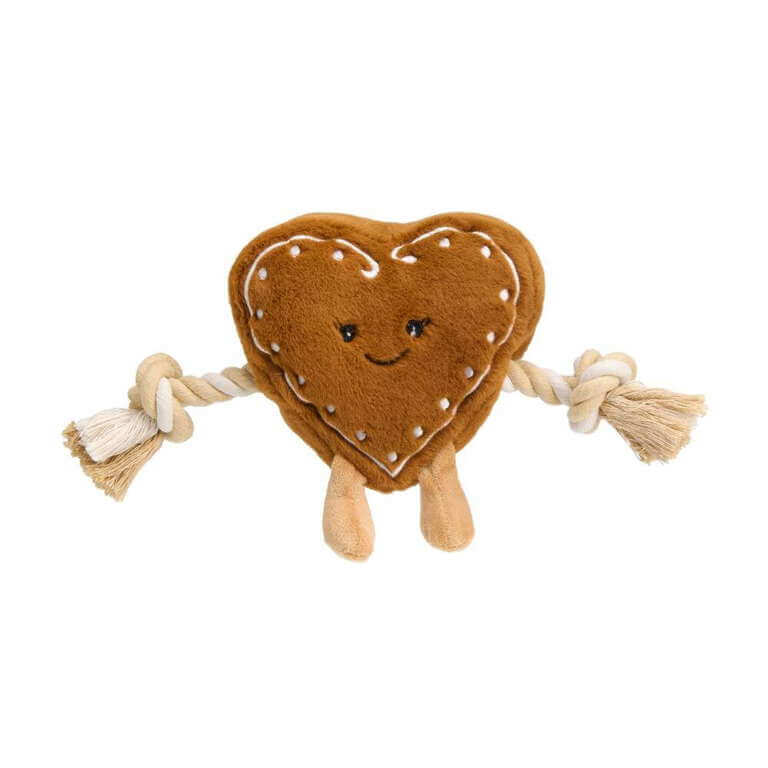 Pepparkaksformad hundleksak med rep och pip – perfekt julklapp för dragkamp och bus under julen.