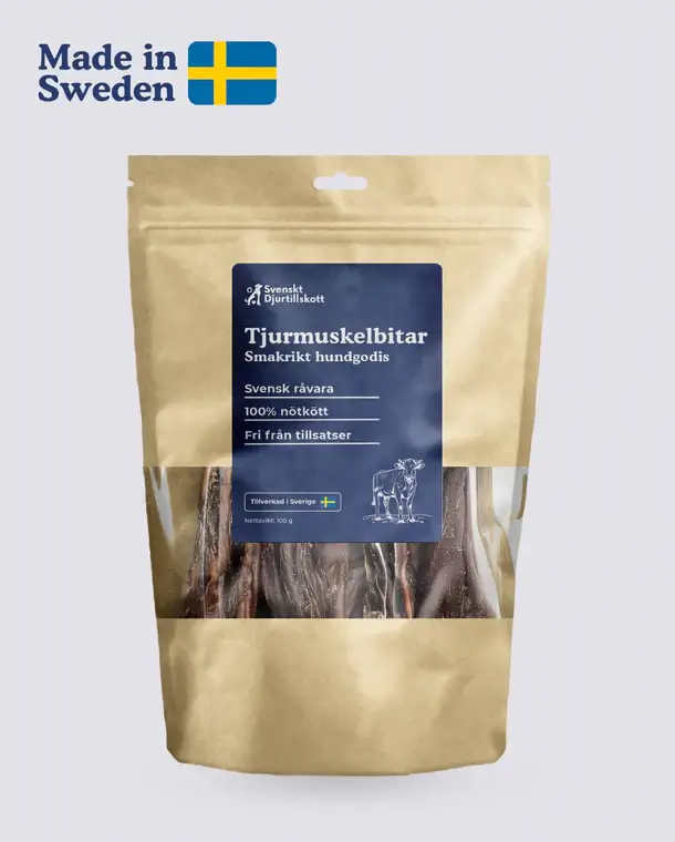 Tjurmuskelbitar för hund – naturligt, proteinrikt och hållbart julgodis som ger lång tuggtid.