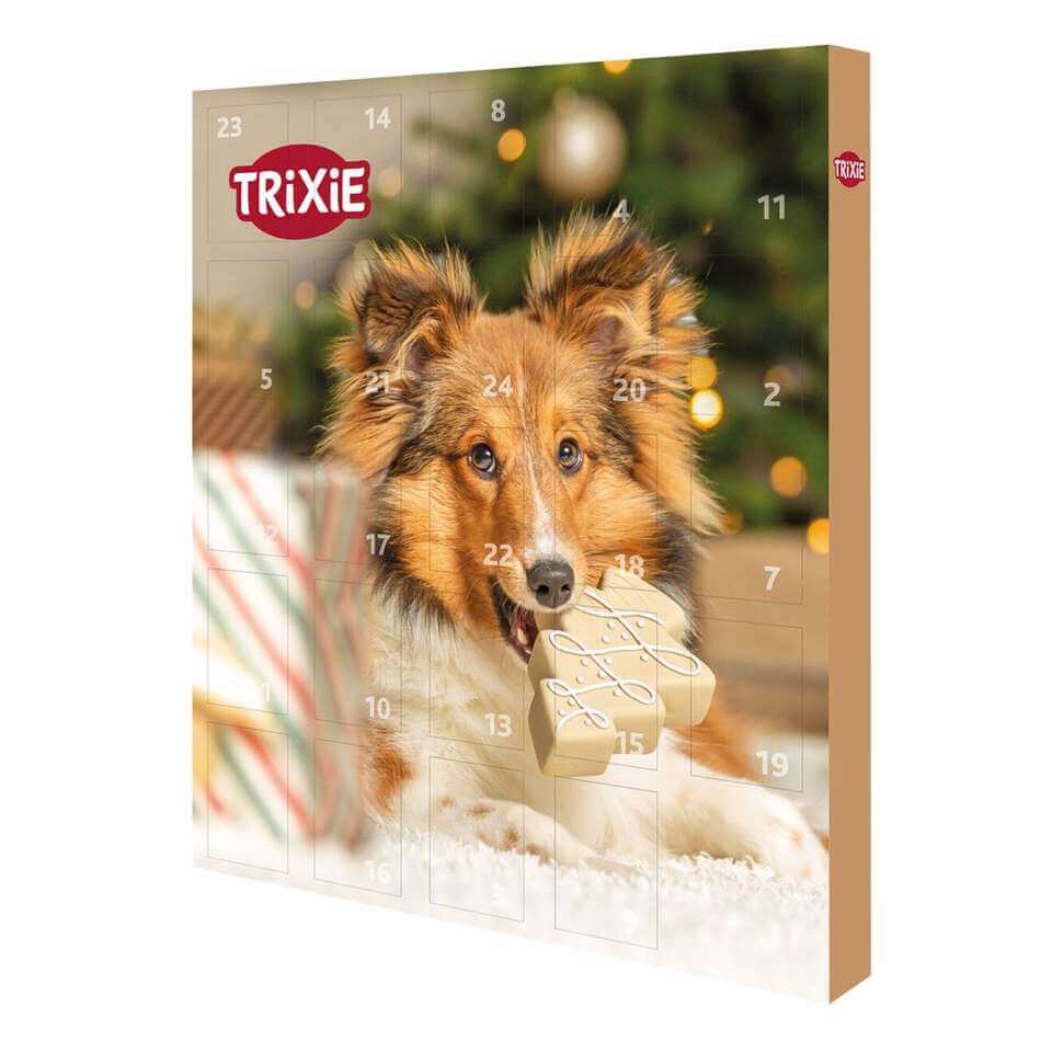 Trixie adventskalender för hund fylld med naturliga godisar – sprid julstämning med 24 små belöningar.