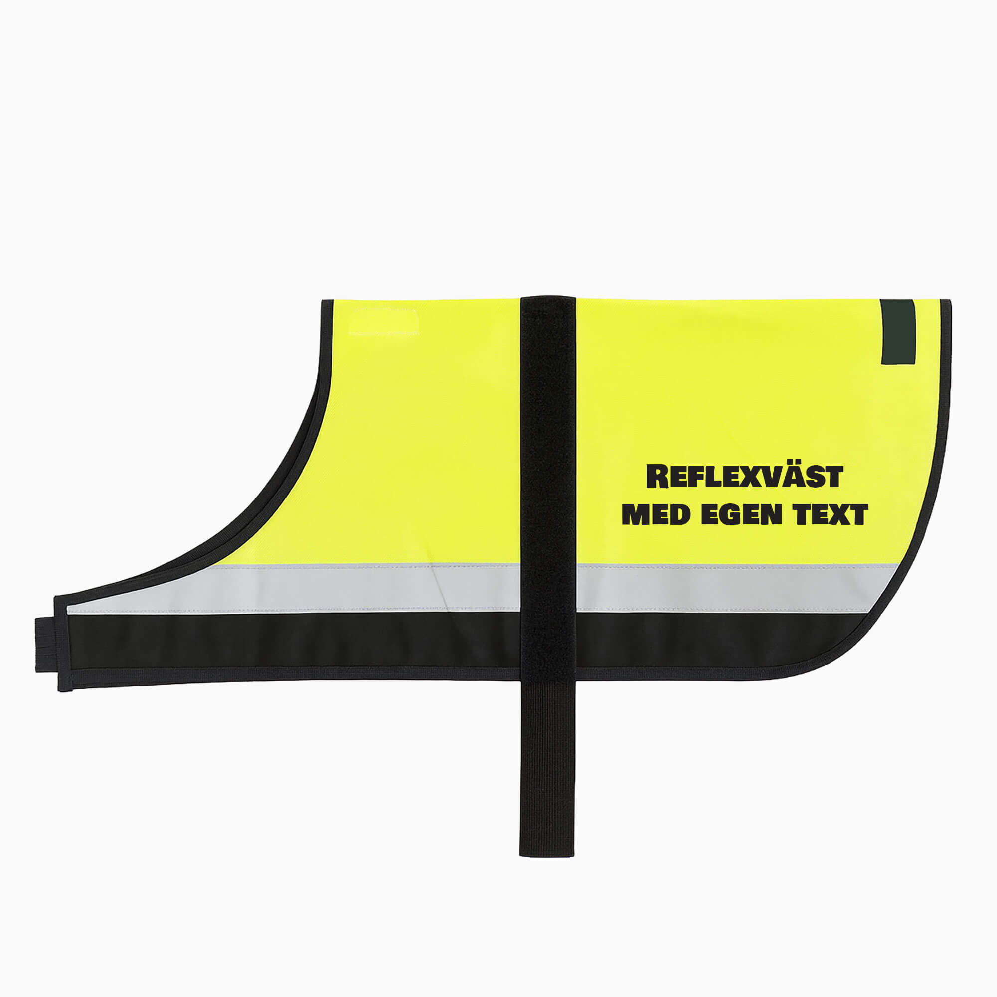 Reflexväst för hund med egen text i gul färg och breda reflexband