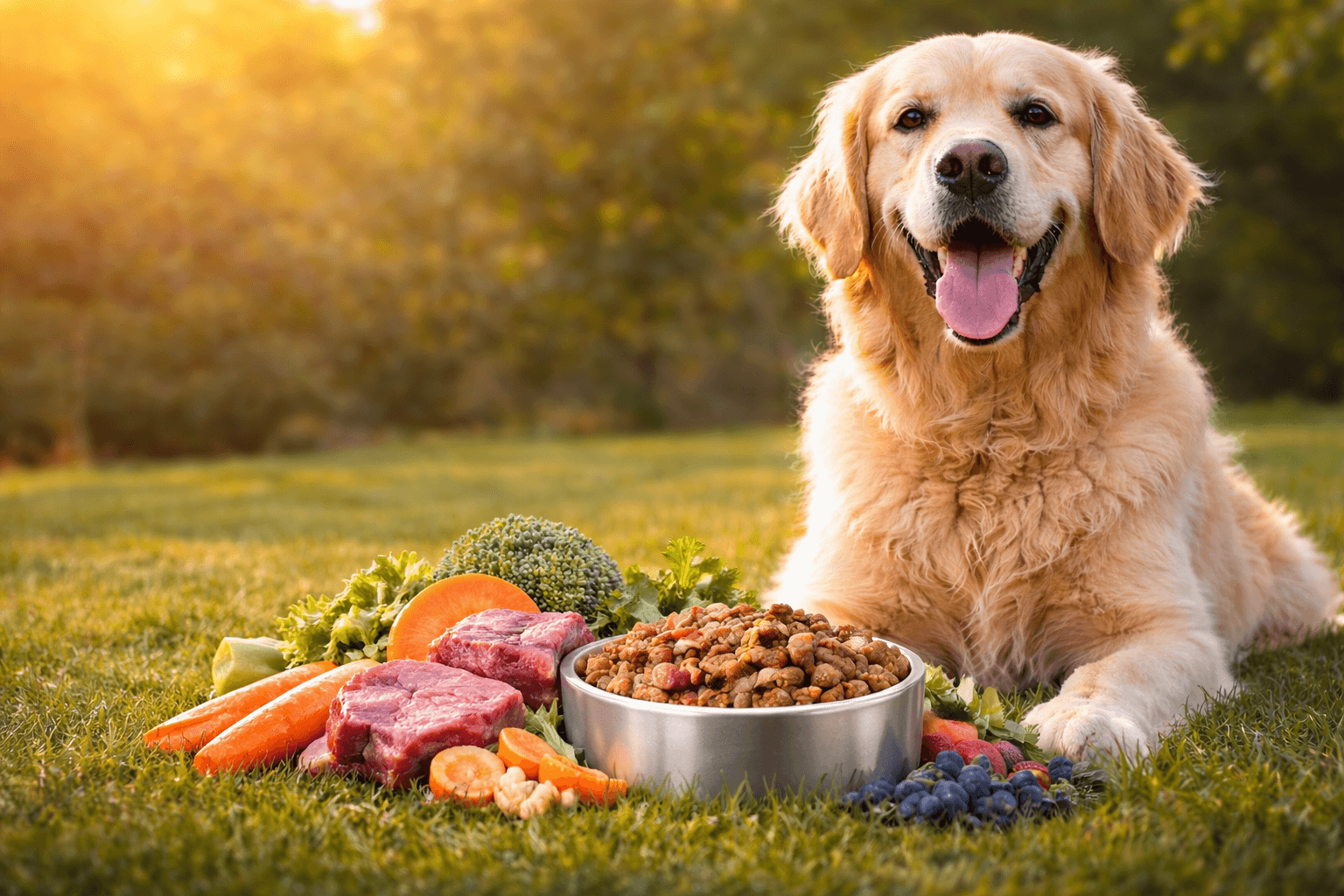 Glad senior golden retriever bredvid olika seniorfoder för hund – jämförelse av bästa seniorfoder 2026.
