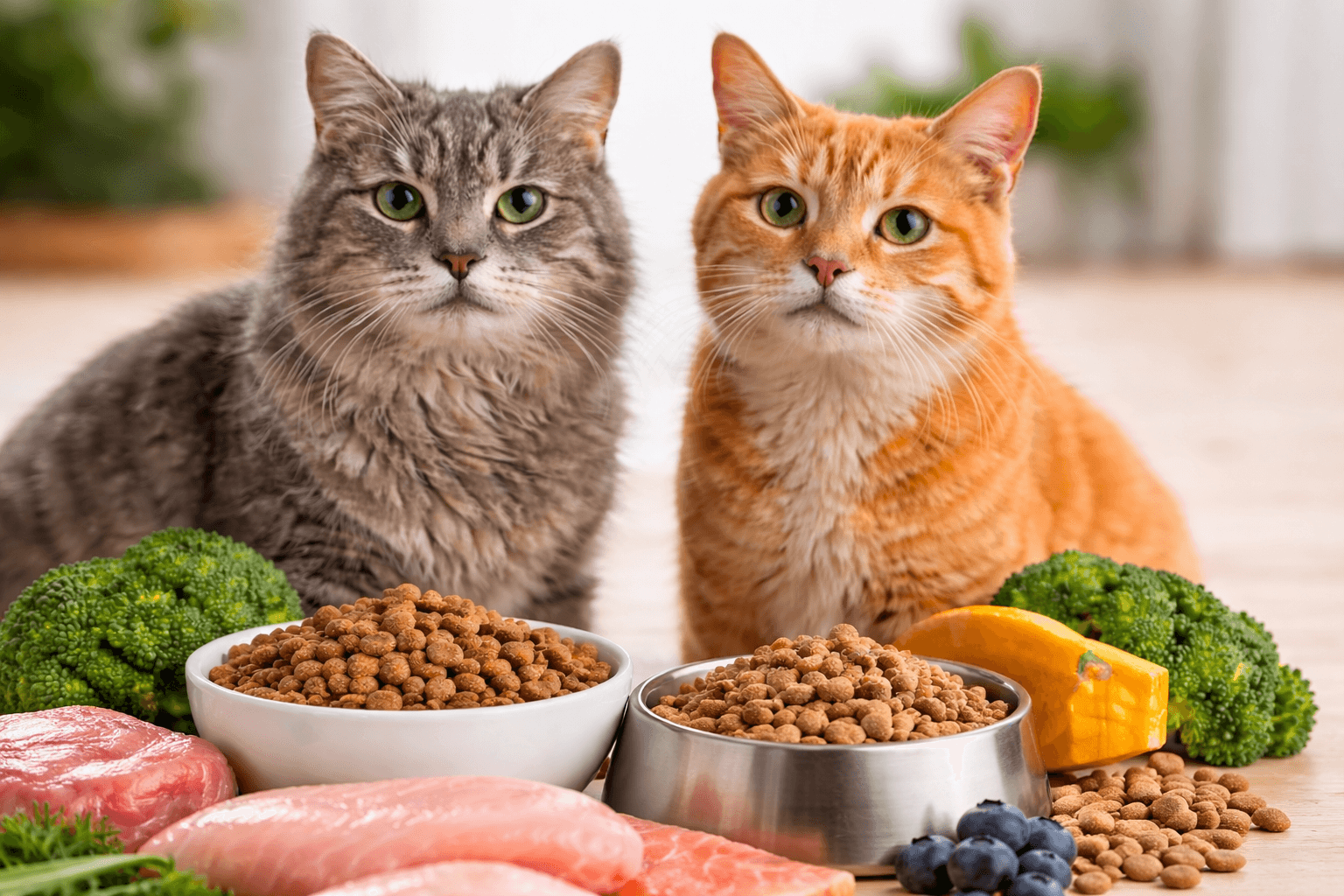 Äldre katter sitter bredvid skålar med näringsrikt seniorfoder och färska ingredienser anpassade för seniorkatter