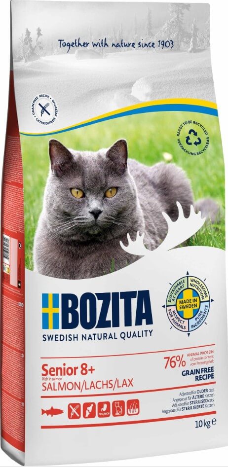 Bozita Grain Free Senior 8+ kattfoder med lax – svenskt seniorfoder för äldre katter.