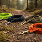 spårlinor för hund i olika färger och material på skogsmark med karbinhakar.