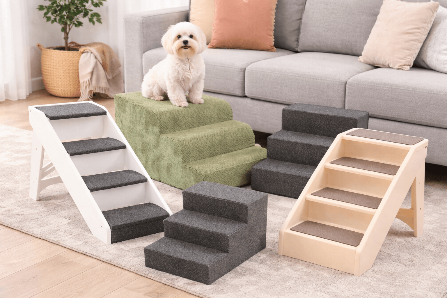 Flera hundtrappor i olika modeller framför en soffa i ett ljust vardagsrum, med en liten vit hund sittande på en grön trappa.