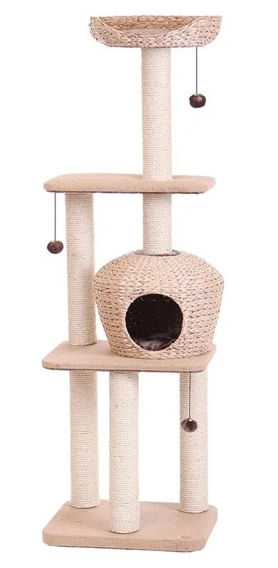 Klösträd Nanuk i naturfärg med grotta, flera klöspelare och övre liggplats