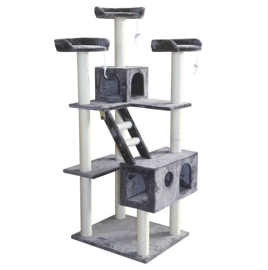 Little&Bigger Pavo klösträd i grå färg med flera plattformar, grotta och klöspelare
