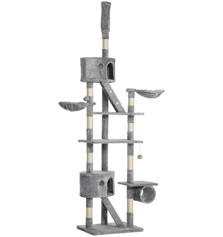 Stort klösträd i grå plysch med flera nivåer, grottor, hängmattor och klöspelare